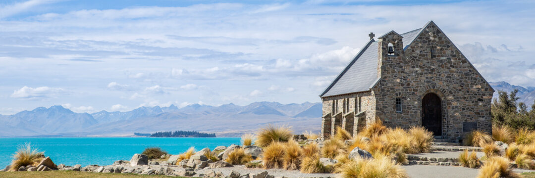 Tekapo New Zealand Church of the Good Shepherd. Historic Building Landmark in at lake Tekapo New Zealand. Travel Destiantion Tekapo Canterbury, New Zealand
