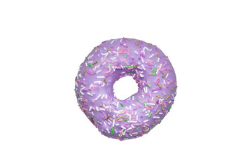 ..purple donut decorated with colorful sprinkles isolated on white background. Flat lay. Top view