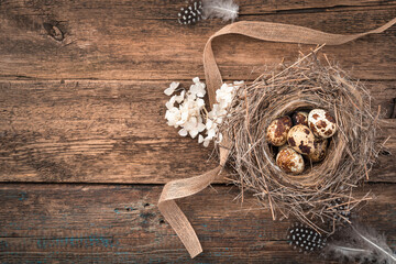 Quail eggs in a nest with flowers and a ribbon on a wooden background. Top view, with space to copy.