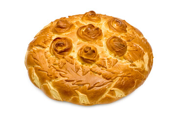 Freshly baked wheat bread. Isolated object on white background. Healthy baked bread. Whole bread on white