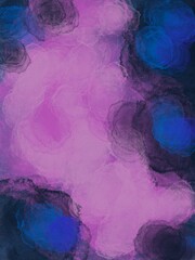 Abstract, blurred background with elements of blue, pink, purple, dark blue, black . Ink blur.