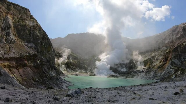 White Island volcano, New Zealand. Steaming fumaroles and crater lake, November 2019