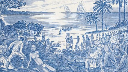 African slave trade on Guinea Bissau 500 peso banknote tracking. Slavery scene in Africa. Slider shot