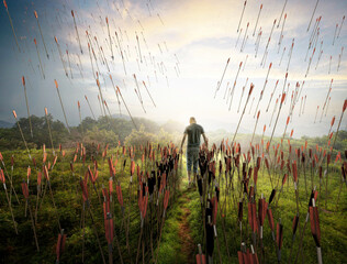 Man surrounded by arrows