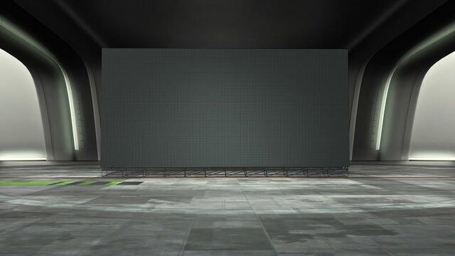 dark futuristic Virtual studio background with a big empty videowall display, ideal for tv shows or scientific events. A 3D rendering, suitable on VR tracking system stage sets, with green screen