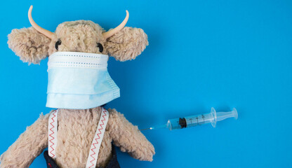 symbol of 2021 year toy ox with face mask and vial dose of vaccine or another medicine with syringe on blue background with copy space. Concept of vaccine against covid, virus vaccine