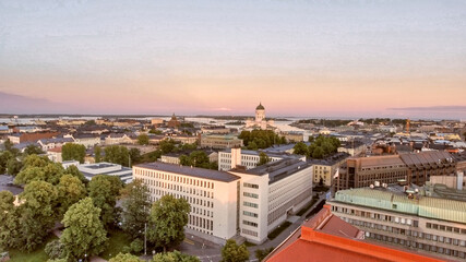 Fototapeta na wymiar Aerial sunset view of Helsinki skyline from drone, Finland