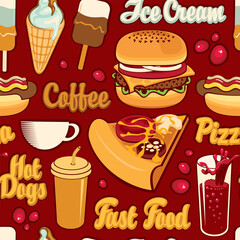 Seamless pattern on the theme of fast food menu with pizza, Burger, ice cream, cola, coffee and hot dog in retro style. Decorative vector illustration with cartoon drawings and inscriptions