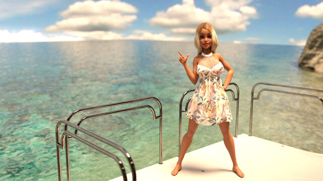 Girl on the ship. Cute girl cartoon character posing on the catamaran. 3d rendering, 3d illustration, 3d art.	