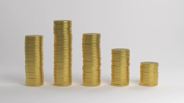 Coins falling on top of each other. A pillar of coins. Chart of decline.