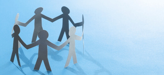 business paper team standing in an a circle - banner format with copy space