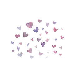 Set of watercolor heart in pink , purple and violet on a white background. Different shapes and sizes 35 hearts.