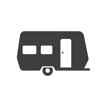 recommend clip art: Camping, travel or camper trailer, caravan bold black silhouette icon isolated on white. Campervan.