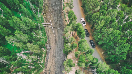 Naklejka premium Aerial view of Yellowstone River and Forest in summer season, USA