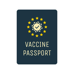 Vaccine passport black cover vector flat template. Passport with mark of vaccination and immunity from Coronavirus for safe travel around the world after global epidemic of Covid-19.