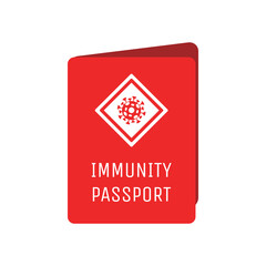 Red immunity passport cover vector flat template with sign of Coronavirus cell. Document with mark of immunity and vaccination for safe travel after global pandemic of Coronavirus Covid-19 outbreak.