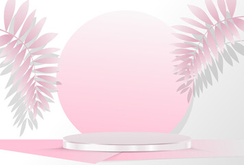 Abstract scene background. Cylinder podium on pink background with leaves. Product presentation, mock up, stage pedestal or platform. Stage for show product cosmetic. Pink pastel color.