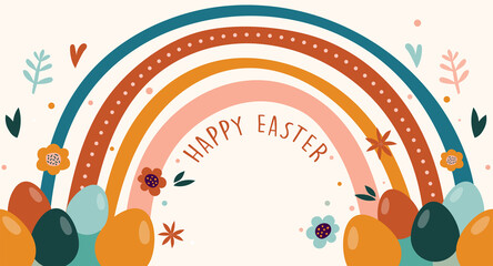 Fototapeta premium Boho Easter concept design, bunnies, eggs, flowers and rainbows in pastel and terracotta colors, flat vector illustrations