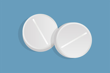 Two round pills vector flat illustration isolated on blue background. White drugs, painkillers, antibiotics, and vitamin tablets. Medical pills, medicaments to treat illness, pain, and viruses.