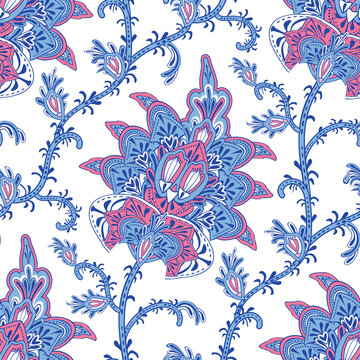 Embroidery seamless vector print with paisley flowers. Persian traditional apparel pattern using boteh. Floral buta background for clothes design, fabrics, textile, household items or handmade crafts