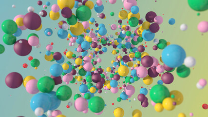 Colorful balls flying. Hard light. Abstract illustration, 3d render.