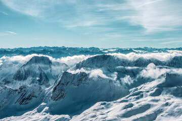 Mountain panorama from the viewing platform on the Zugspitze. German and Austrian ski areas.