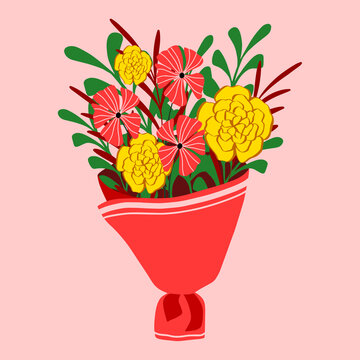 Bouquet of flowers and branches with leaves isolated on  pink background. Design for poster, banner, flyer, web, card, invitation, celebration, wedding, valentine's or mother's day, 8 martch.