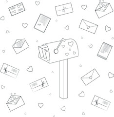 Doodle love vector background with mail box and love letters