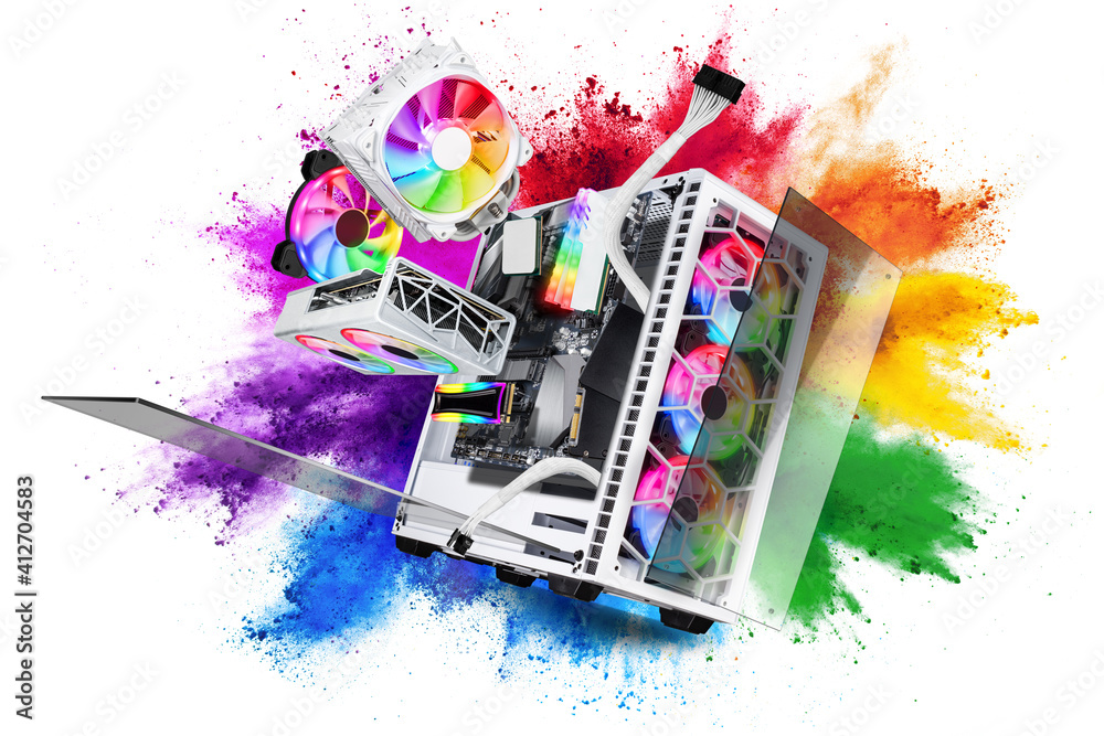 Aufkleber exploded view of white gaming pc computer with glass windows and rainbow rgb led lights. flying hard