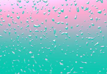 Abstract pink and mint color gradient background with droplets. Water drops with neon rose and and turquoise reflection. Trendy backdrop for your design