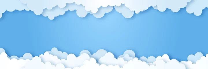 Keuken foto achterwand Babykamer Wolken op blauwe hemelbanner. Witte wolk op blauwe lucht in papier gesneden stijl. Wolken op transparante achtergrond. Vector papier wolken. Witte wolk op blauwe hemel papier gesneden ontwerp. Vector papier kunst illustratie