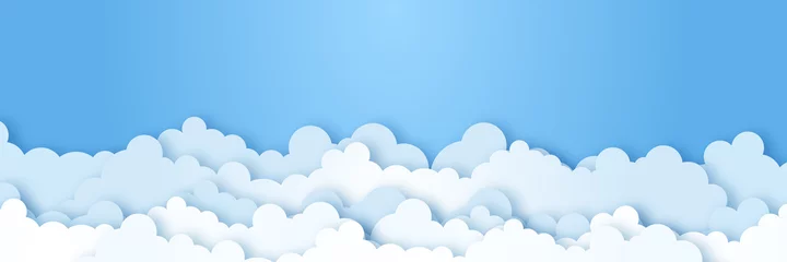 Türaufkleber Babyzimmer Wolken auf Fahne des blauen Himmels. Weiße Wolke am blauen Himmel im Papierschnittstil. Wolken auf transparentem Hintergrund. Vector Papierwolken. Weiße Wolke auf Papierschnittdesign des blauen Himmels. Vektorpapierkunstillustration