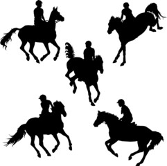 set of black silhouettes of sports horses and riders, show jumping, isolated on white background