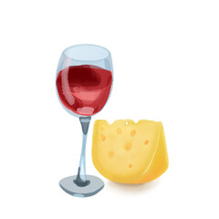 Glass of red  wine and piece of cheese, isolated on white background