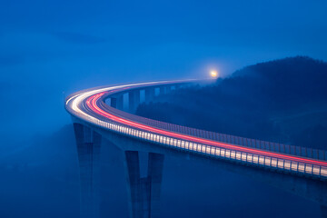 Light trails on Crni Kal viaduct, Slovenia