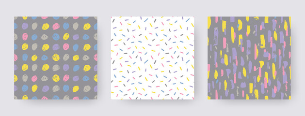 Set hand drawn modern patterns of brush stroke. Vector seamless texture shapes. Abstract backgrounds in boho color.