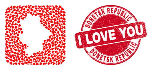 Vector mosaic Donetsk Republic map of valentine heart elements and grunge love seal stamp.