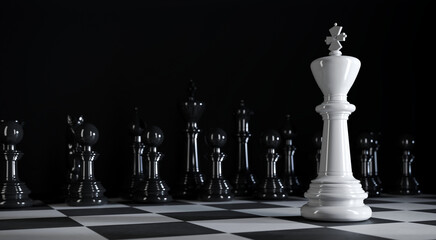 Chess king stands among various white chess pieces in 3d illustration Premium Photo © Yury