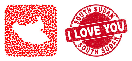 Vector collage South Sudan map of valentine heart items and grunge love seal stamp. Collage geographic South Sudan map constructed as stencil from rounded square shape with love hearts.