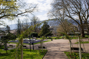 green city park in spring Aix les bains town Savoie french alpes mountains region Europe