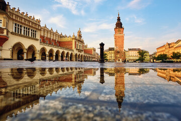 Rynek square in Krakow Old town, Poland, after rain