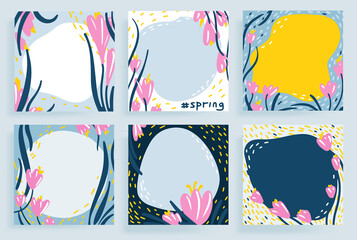 Social media template floral spring pattern hand drawn doodle style vector illustration