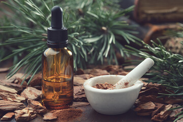 Pine bark, tincture or oil bottle, mortar of powdered pine bark and branches of pine tree on background.