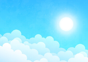 Cloud and sun on blue background. watercolor on paper craft style. Vector illustration.
