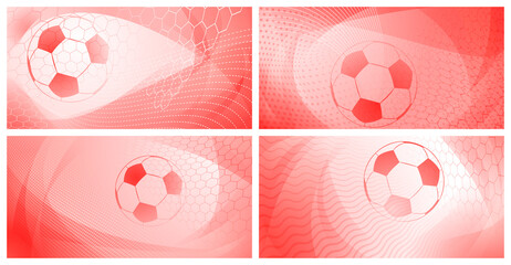 Set of four football or soccer backgrounds with big ball in light red colors