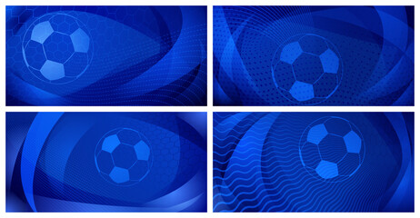 Set of four football or soccer backgrounds with big ball in blue colors © Olga Moonlight