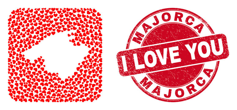 Vector mosaic Majorca map of love heart items and grunge love seal stamp. Mosaic geographic Majorca map designed as hole from rounded square shape with valentine hearts.