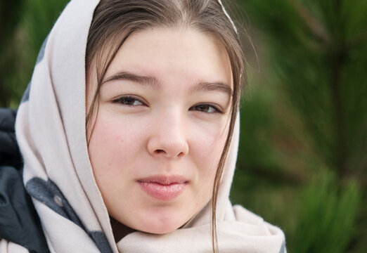 Teen Girl In Headscarf Close-up Face - Winter Outdoors