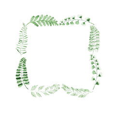 Greeting frames and wreaths. Watercolor greenery. Texture of the grass. Green twigs and leaves.