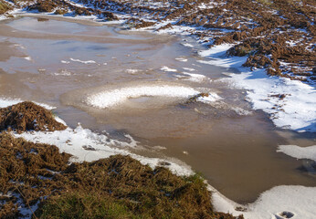 snow covered frozen puddle with patterns from the strong winds as the ice formed